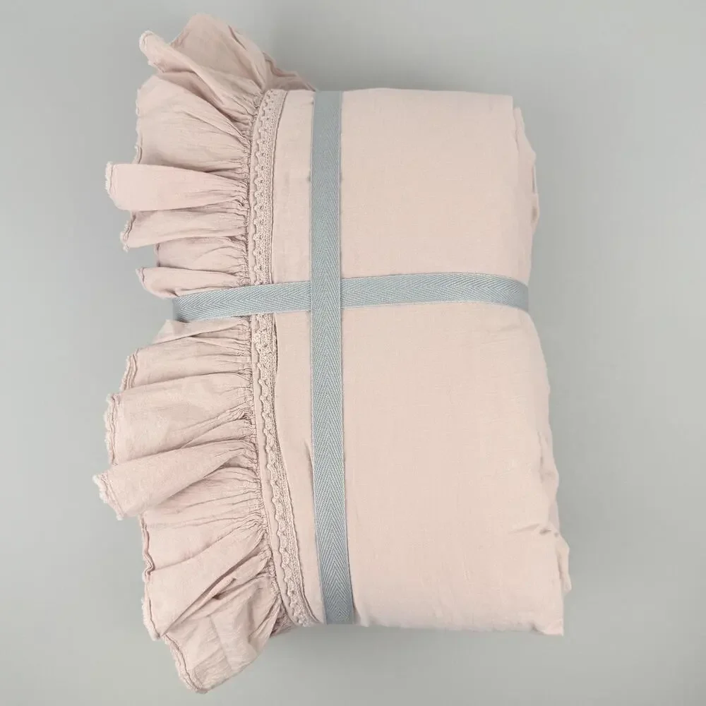 Anthropologie Ruffled Organic Spa Sateen Duvet Cover KING Peach Pink Bedding New